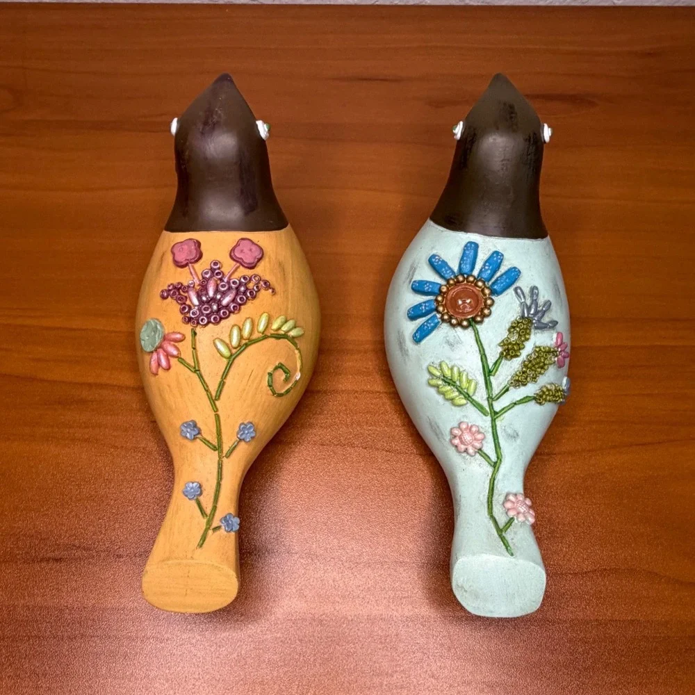 Decorative Resin Bird Figurines Set of 2 Floral Beadwork Folk Art Blue Yellow